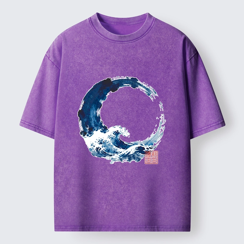 Tokyo-Tiger Zen Circle Blue Wave Art Washed T-Shirt