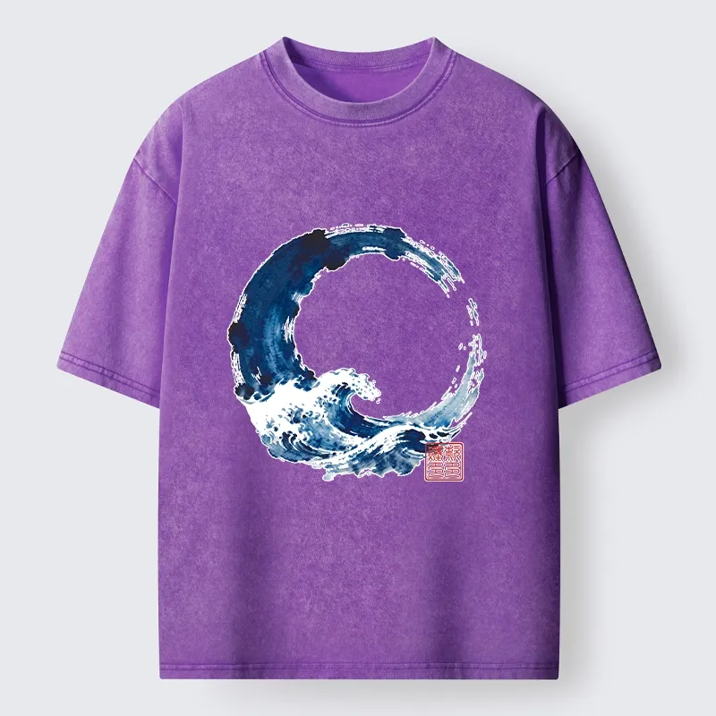 Tokyo-Tiger Zen Circle Blue Wave Art Washed T-Shirt