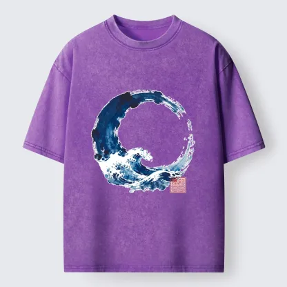 Tokyo-Tiger Zen Circle Blue Wave Art Washed T-Shirt