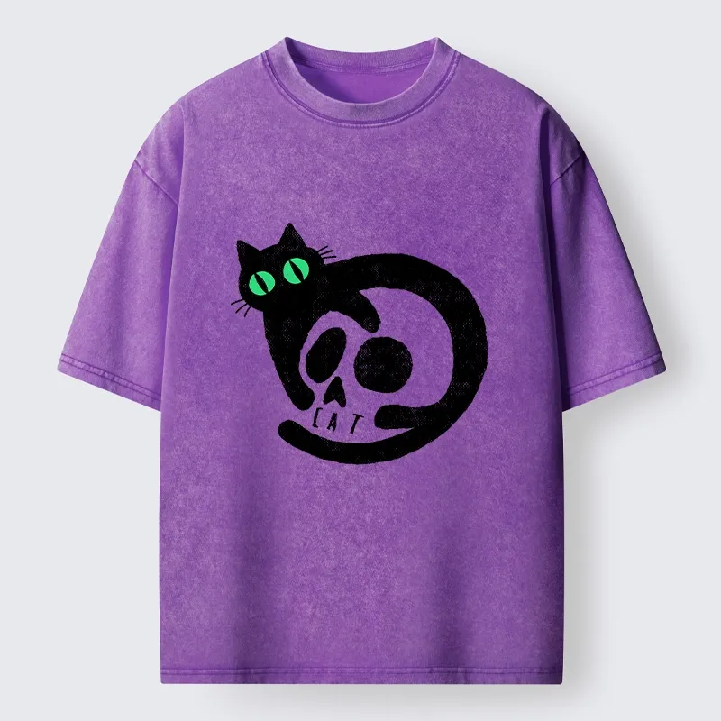 Tokyo-Tiger Spooky Black Cat Skull Meme Washed T-Shirt
