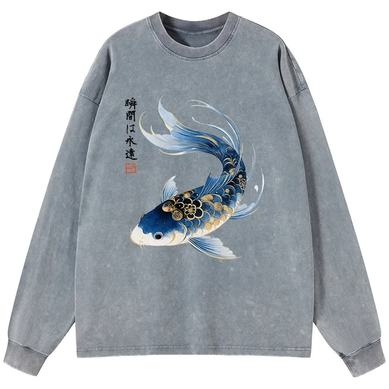 Tokyo-Tiger Elegant Koi Fish Watercolor Art Washed Long Sleeve T-Shirt
