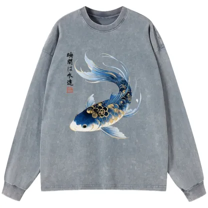 Tokyo-Tiger Elegant Koi Fish Watercolor Art Washed Long Sleeve T-Shirt