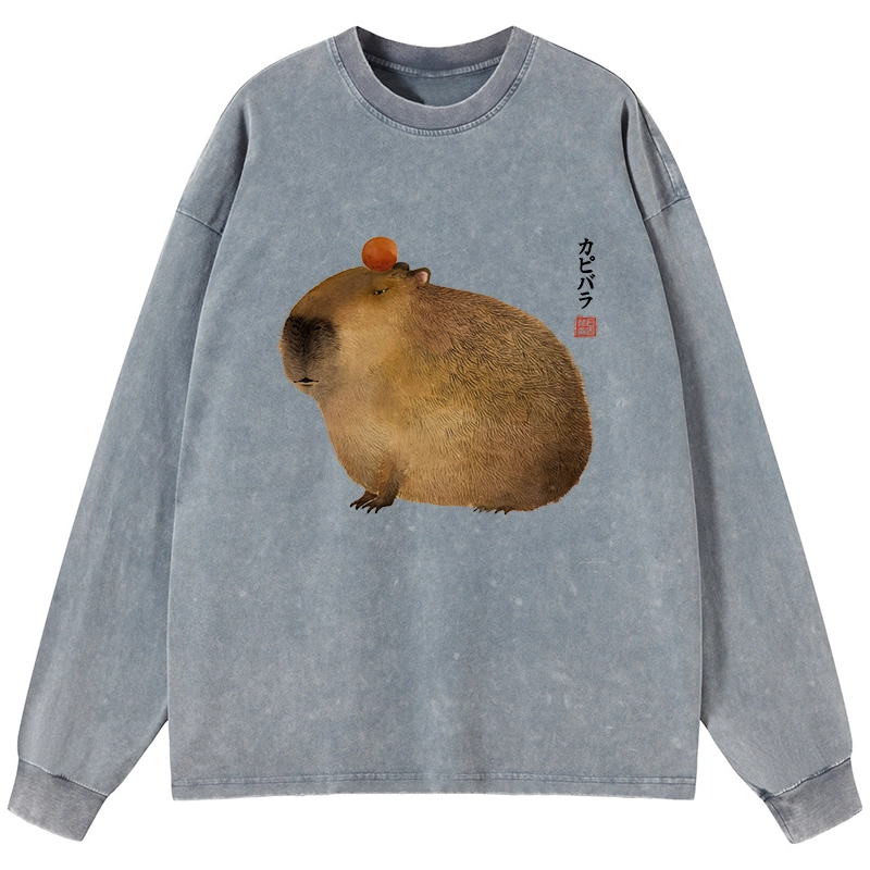 Tokyo-Tiger Calm Capybara Illustration Washed Long Sleeve T-Shirt