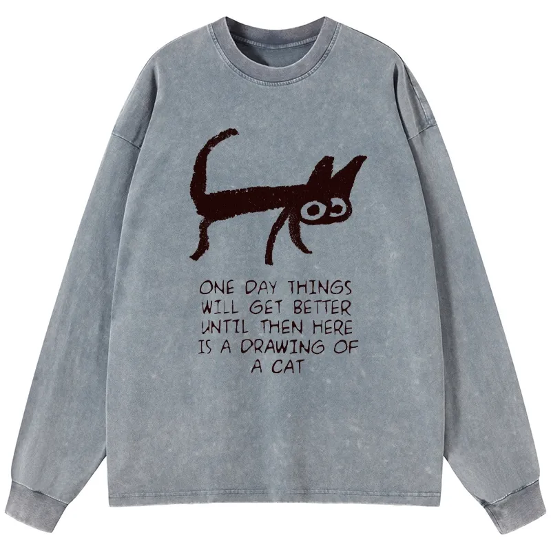 Tokyo-Tiger Cat Cheer Up Drawing Washed Long Sleeve T-Shirt