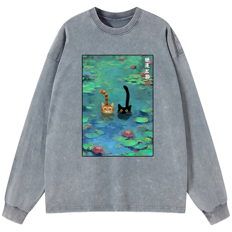 Tokyo-Tiger Funny Cats Swimming In Lilies Washed Long Sleeve T-Shirt