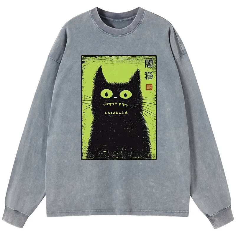 Tokyo-Tiger Spooky Black Cat Japanese Washed Long Sleeve T-Shirt