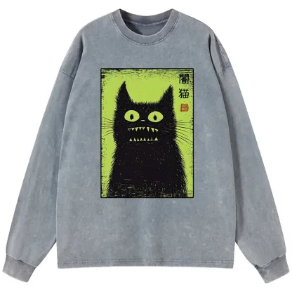 Tokyo-Tiger Spooky Black Cat Japanese Washed Long Sleeve T-Shirt