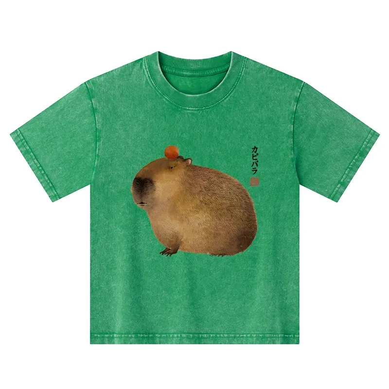 Tokyo-Tiger Calm Capybara Illustrations Kids Washed T-Shirt