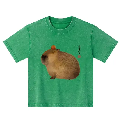 Tokyo-Tiger Calm Capybara Illustrations Kids Washed T-Shirt