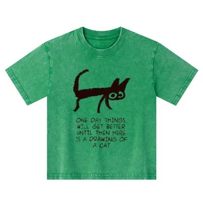 Tokyo-Tiger Cat Cheer Up Drawing Kids Washed T-Shirt