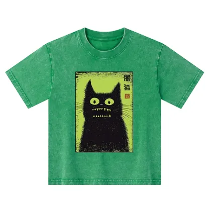 Tokyo-Tiger Spooky Black Cat Japanese Kids Washed T-Shirt