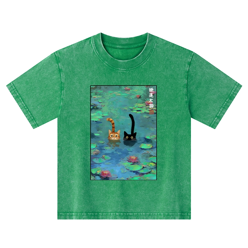 Tokyo-Tiger Funny Cats Swimming In Lilies Kids Washed T-Shirt