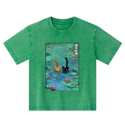 Tokyo-Tiger Funny Cats Swimming In Lilies Kids Washed T-Shirt