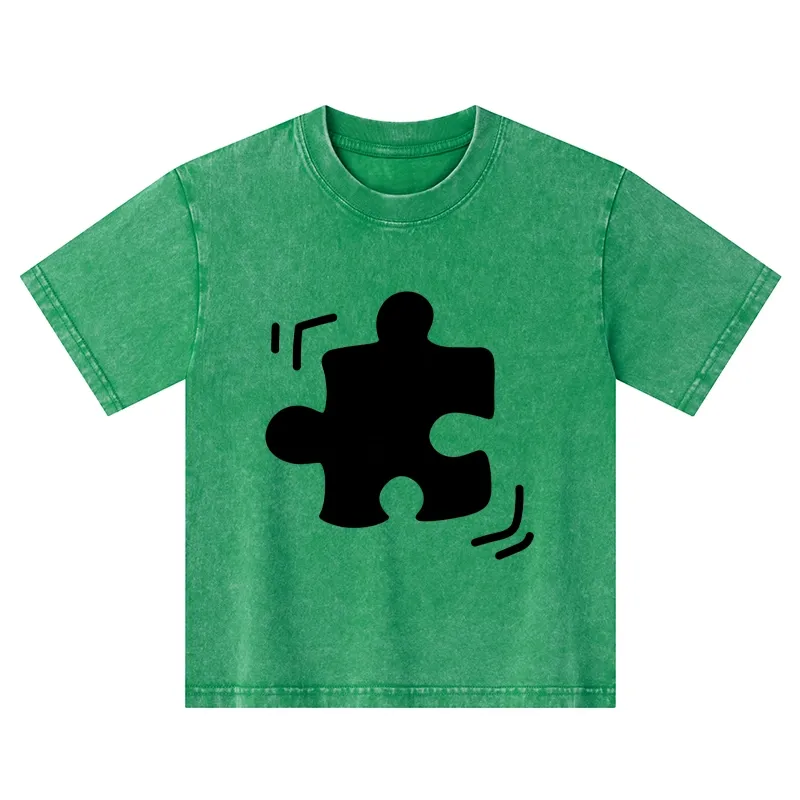 Tokyo-Tiger Black Puzzle Piece Kids Washed T-Shirt