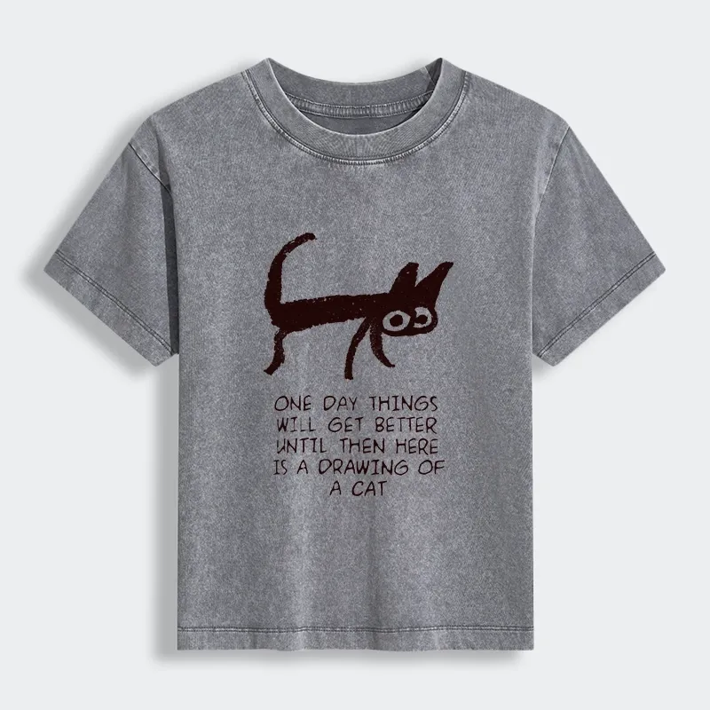 Tokyo-Tiger Cat Cheer Up Drawing Women's Washed T-shirt