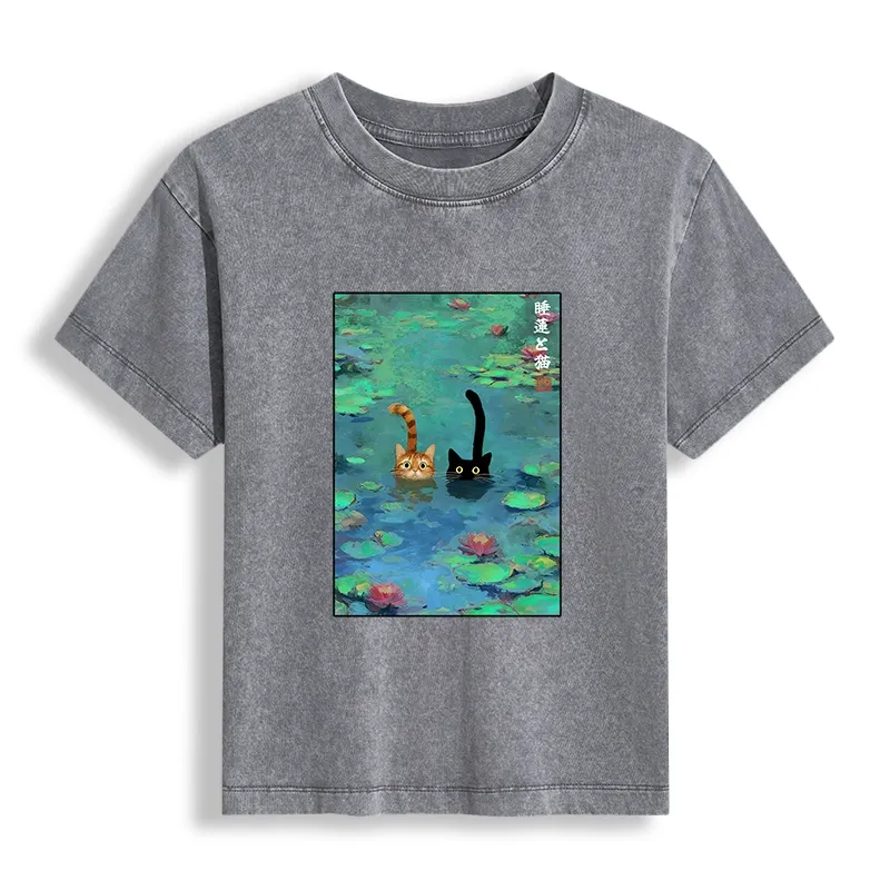 Tokyo-Tiger Funny Cats Swimming In Lilies Women's Washed T-shirt