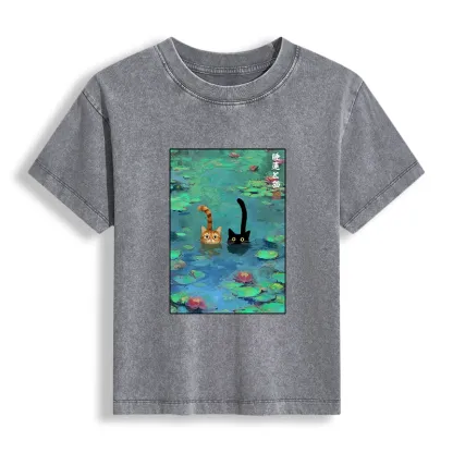 Tokyo-Tiger Funny Cats Swimming In Lilies Women's Washed T-shirt