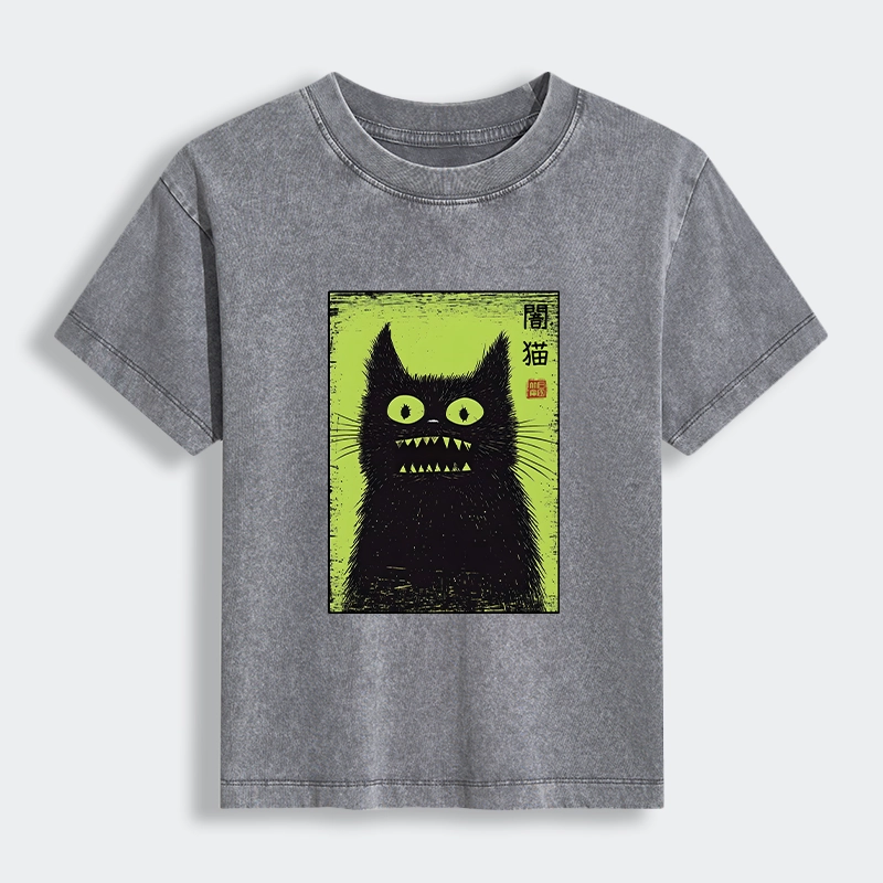 Tokyo-Tiger Spooky Black Cat Japanese Women's Washed T-shirt