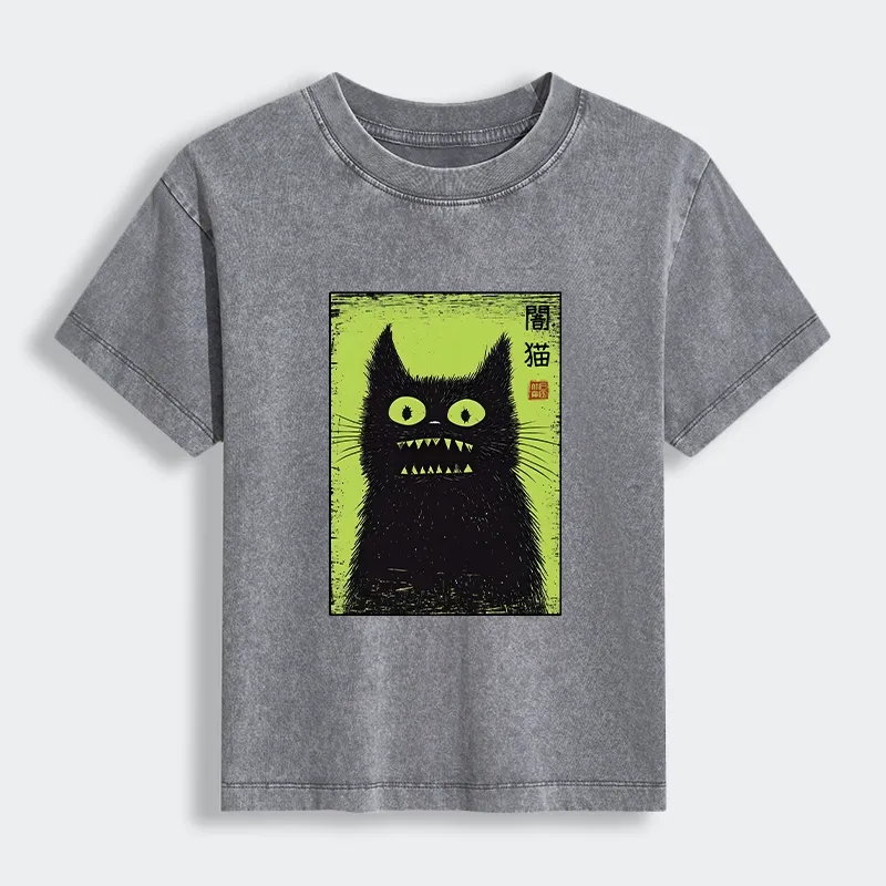Tokyo-Tiger Spooky Black Cat Japanese Women's Washed T-shirt