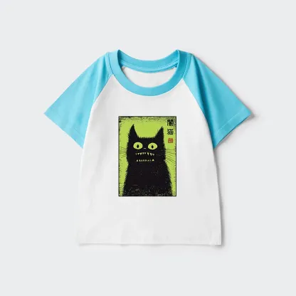 Tokyo-Tiger Spooky Black Cat Japanese Kids Raglan T-shirt