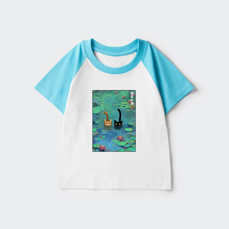 Tokyo-Tiger Funny Cats Swimming In Lilies Kids Raglan T-shirt
