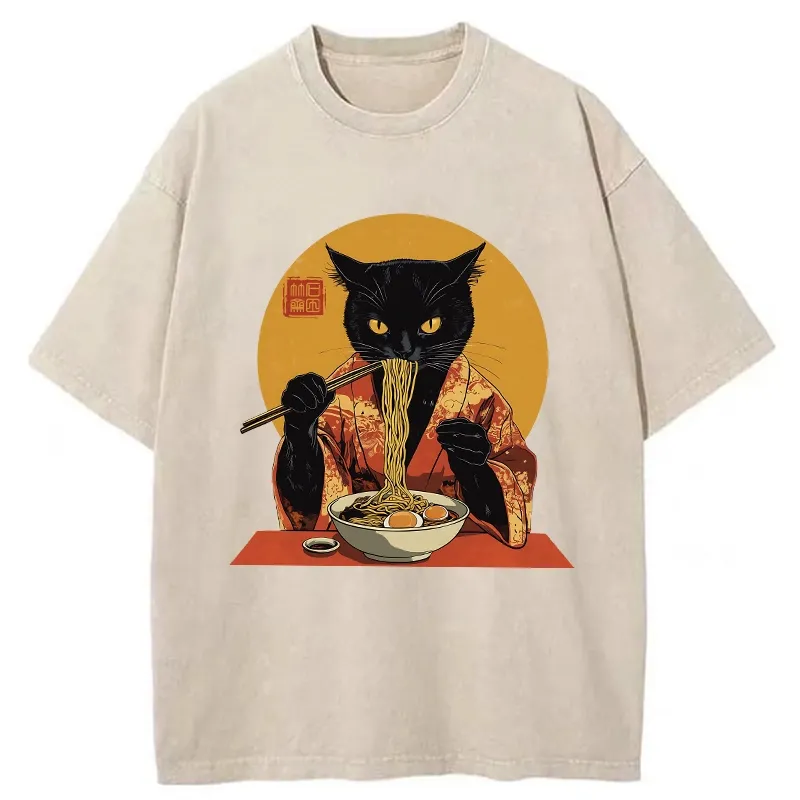 Tokyo-Tiger Ramen-obsessed Cat Washed T-Shirt