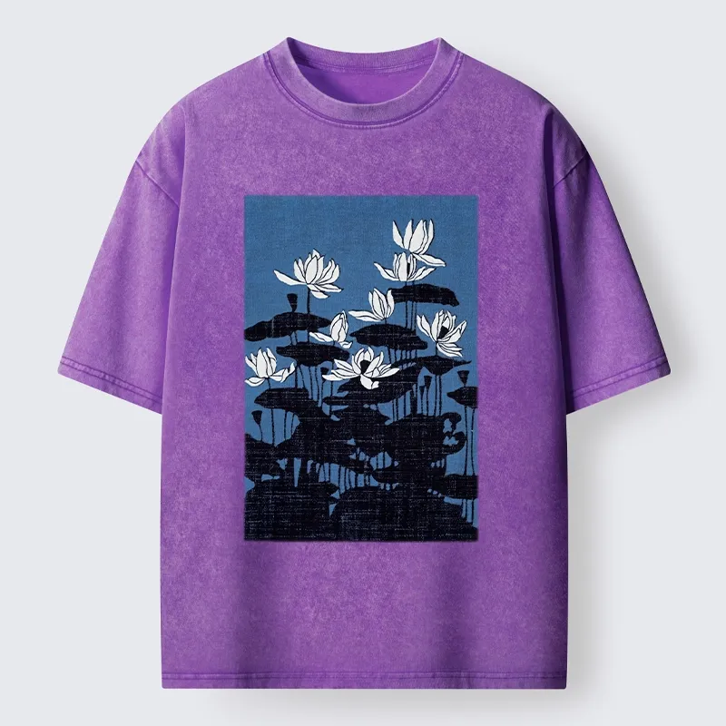 Tokyo-Tiger Blue Lotus Japanese Art Washed T-Shirt