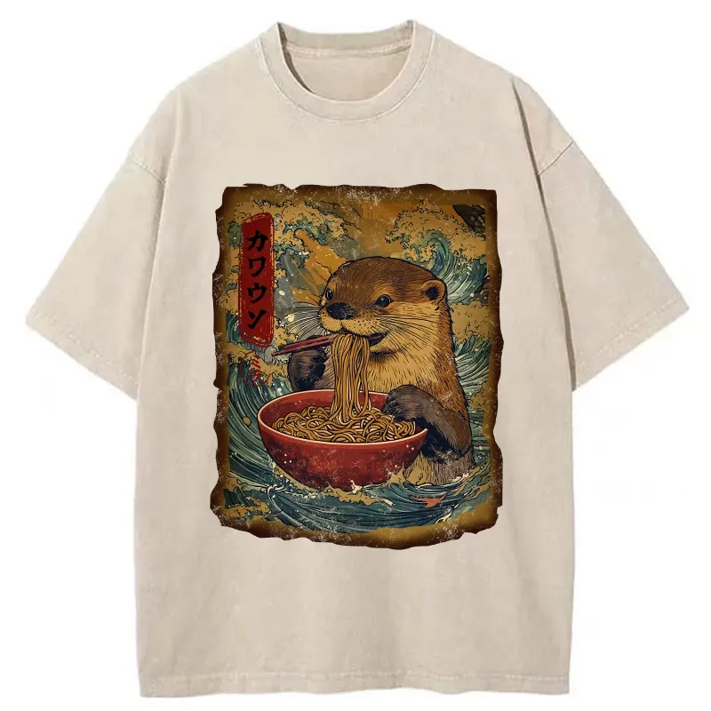 Tokyo-Tiger Otter Eats Ramen Washed T-Shirt