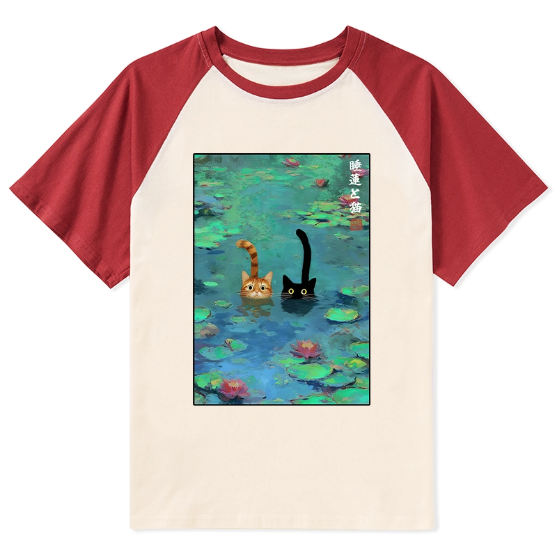 Tokyo-Tiger Funny Cats Swimming In Lilies Raglan T-shirt
