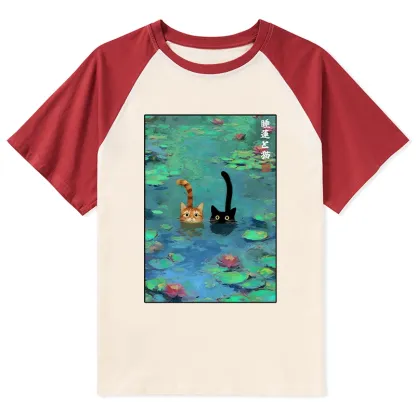 Tokyo-Tiger Funny Cats Swimming In Lilies Raglan T-shirt