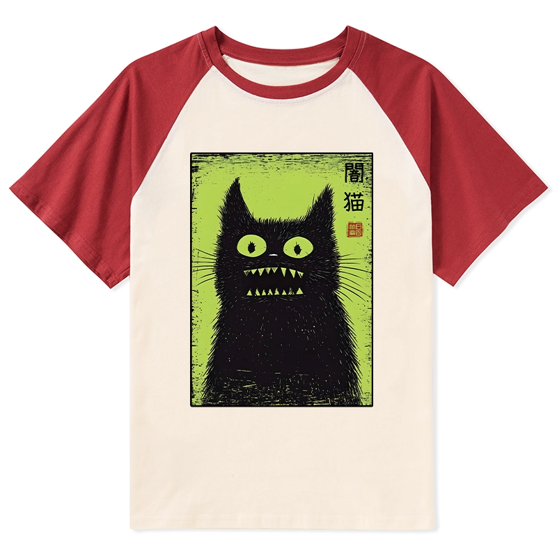 Tokyo-Tiger Spooky Black Cat Japanese Raglan T-shirt