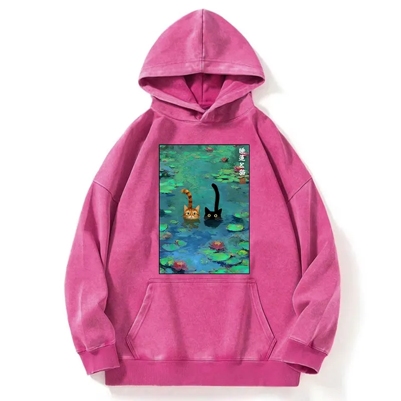 Tokyo-Tiger Funny Cats Swimming In Lilies Washed Hoodie