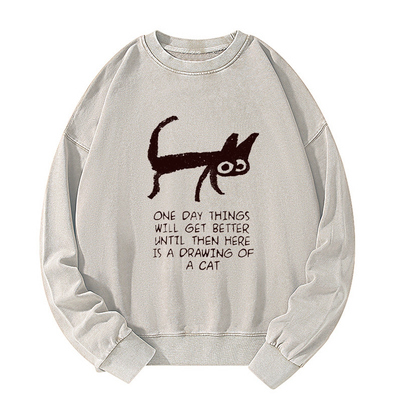 Tokyo-Tiger Cat Cheer Up Drawing Washed Sweatshirt