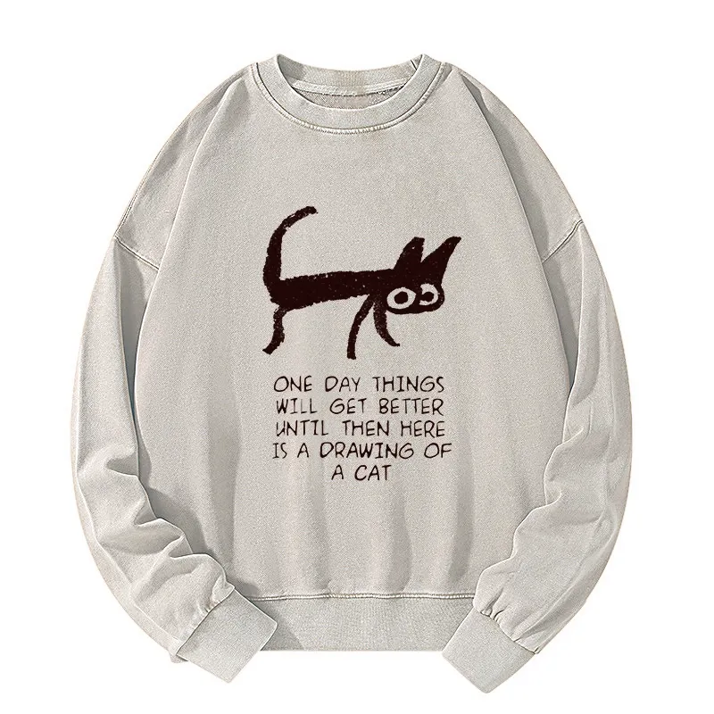 Tokyo-Tiger Cat Cheer Up Drawing Washed Sweatshirt Sale