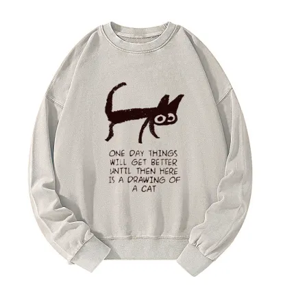Tokyo-Tiger Cat Cheer Up Drawing Washed Sweatshirt