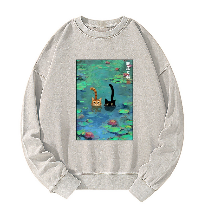Tokyo-Tiger Funny Cats Swimming In Lilies Washed Sweatshirt