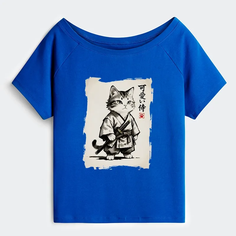 Tokyo-Tiger Japanese Samurai Cat Illustration Off Shoulder T-Shirt