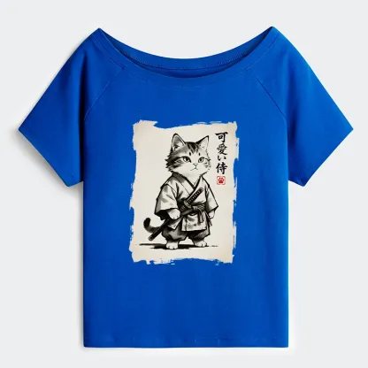 Tokyo-Tiger Japanese Samurai Cat Illustration Off Shoulder T-Shirt
