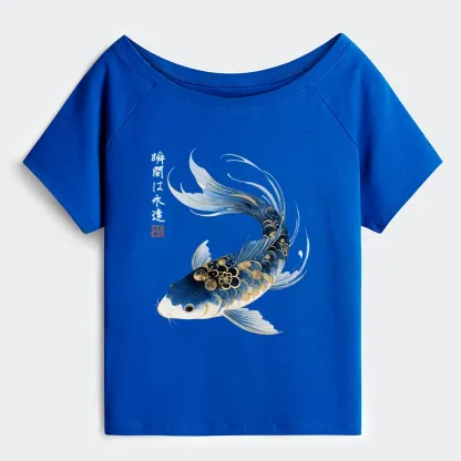 Tokyo-Tiger Elegant Koi Fish Watercolor Art Off Shoulder T-Shirt