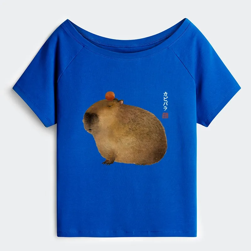 Tokyo-Tiger Calm Capybara Illustration Off Shoulder T-Shirt