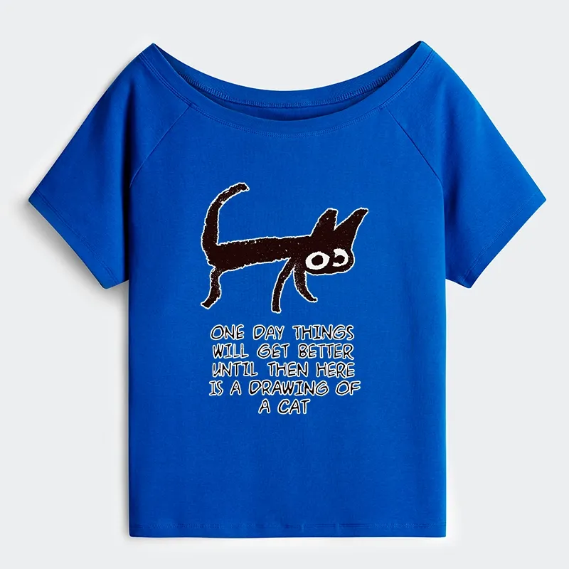 Tokyo-Tiger Cat Cheer Up Drawing Off Shoulder T-Shirt