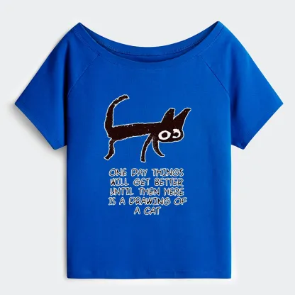 Tokyo-Tiger Cat Cheer Up Drawing Off Shoulder T-Shirt