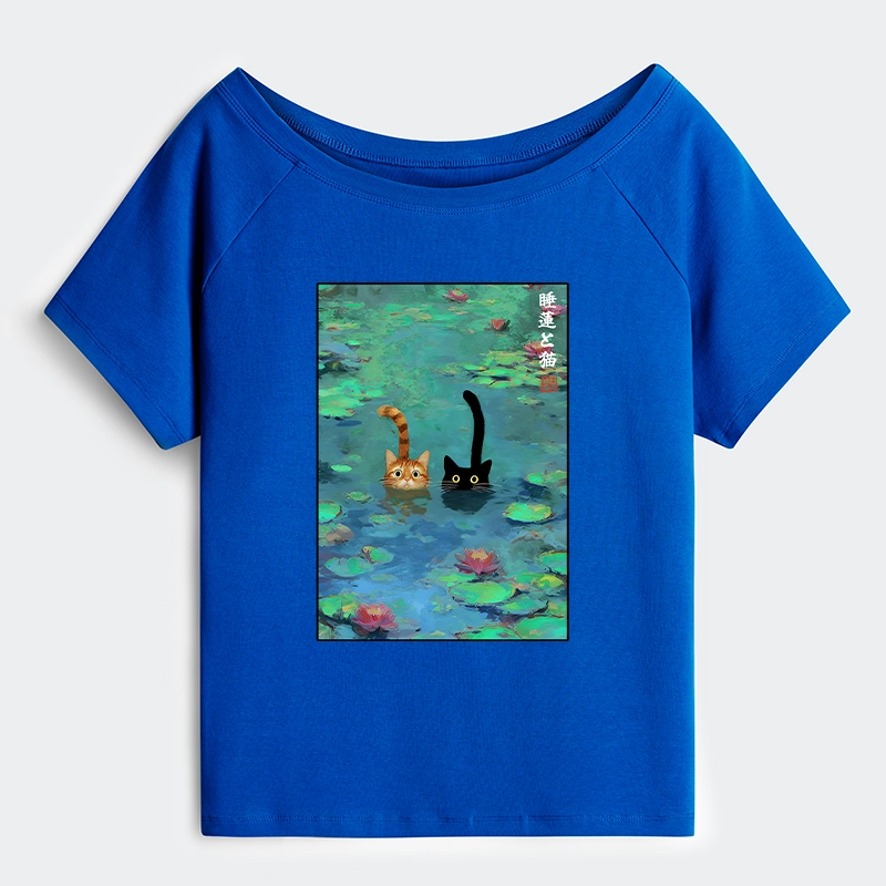 Tokyo-Tiger Funny Cats Swimming In Lilies Off Shoulder T-Shirt