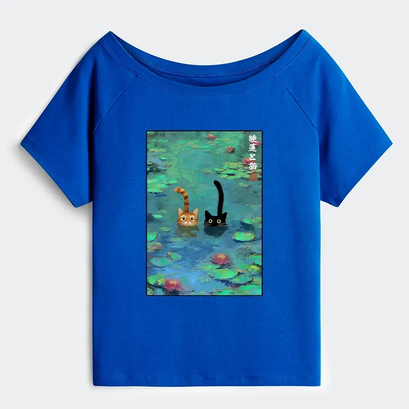 Tokyo-Tiger Funny Cats Swimming In Lilies Off Shoulder T-Shirt