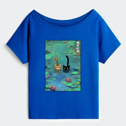 Tokyo-Tiger Funny Cats Swimming In Lilies Off Shoulder T-Shirt