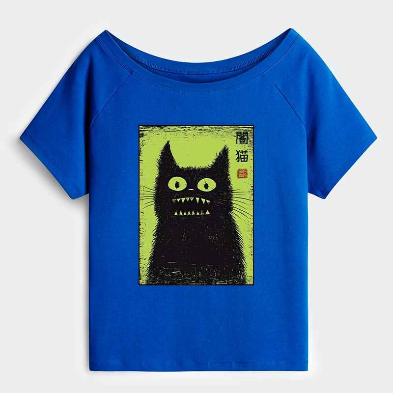 Tokyo-Tiger Spooky Black Cat Japanese Off Shoulder T-Shirt