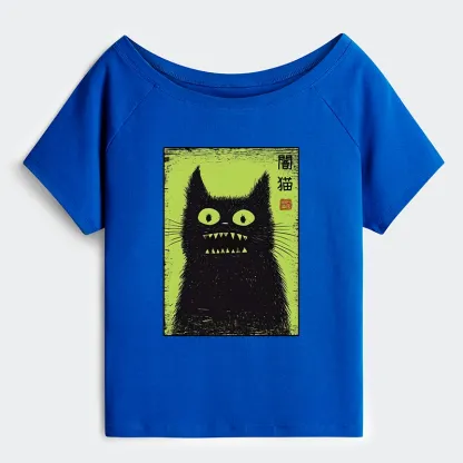 Tokyo-Tiger Spooky Black Cat Japanese Off Shoulder T-Shirt