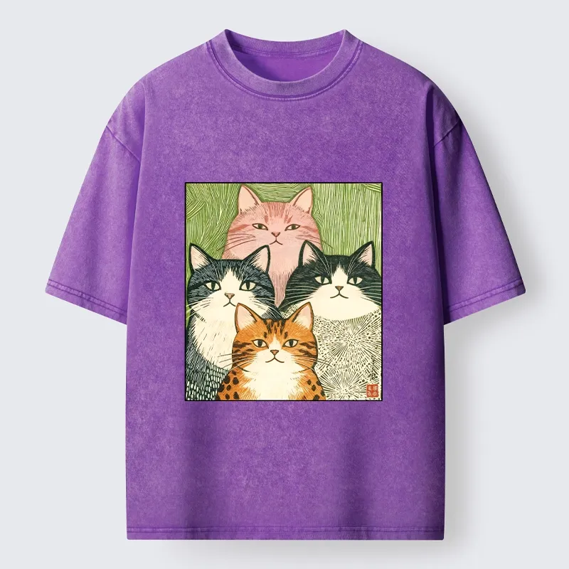 Tokyo-Tiger Funny Cat Squad Washed T-Shirt