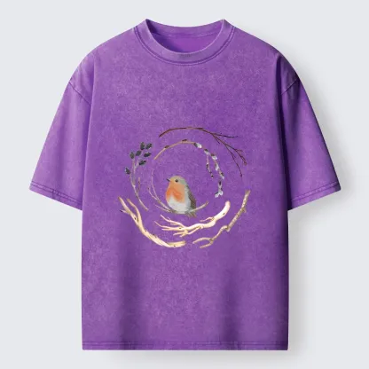 Tokyo-Tiger Cute Robin On Branch Washed T-Shirt