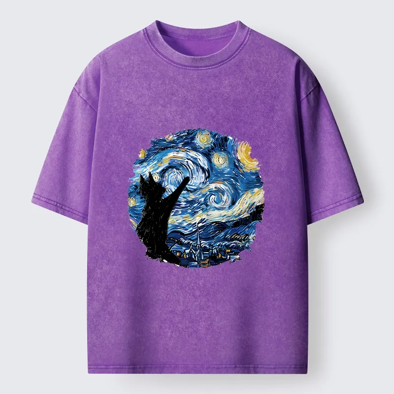 Tokyo-Tiger Starry Night Black Cat Washed T-Shirt